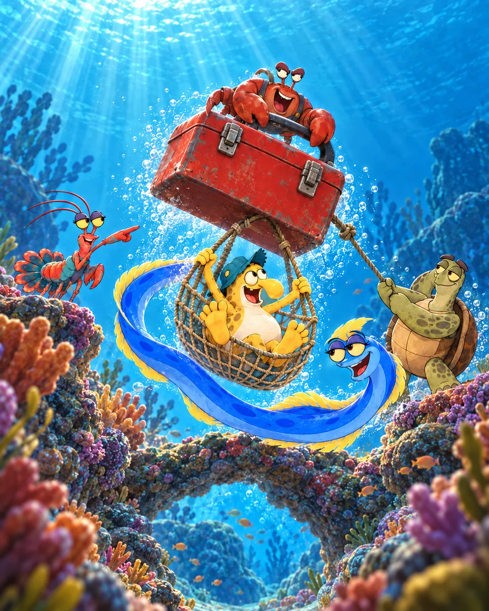 Clank rides a red toolbox over a coral arch while the crew tries to catch it
