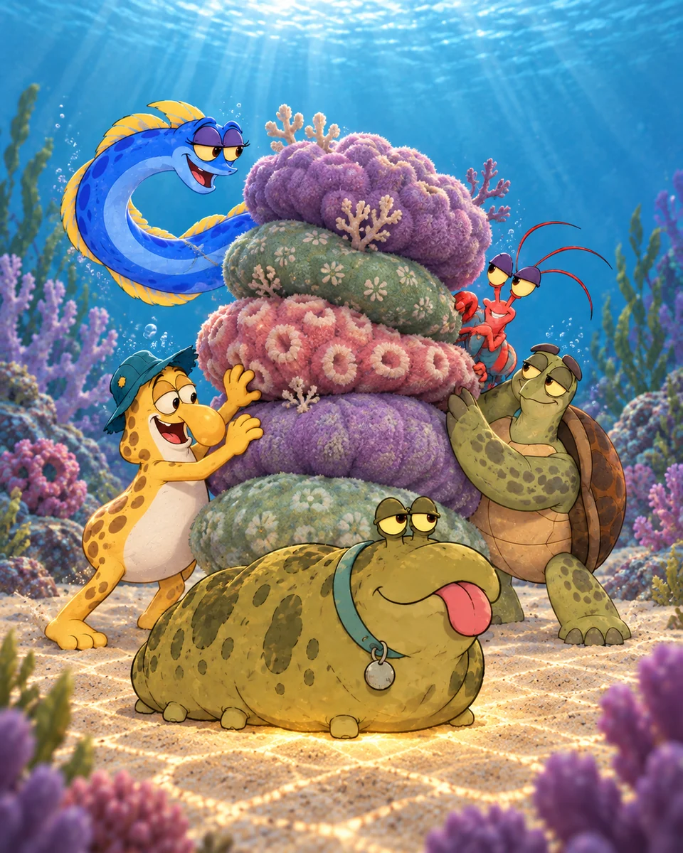 Pogo sits happily in front of a towering pile of soft coral cushions
