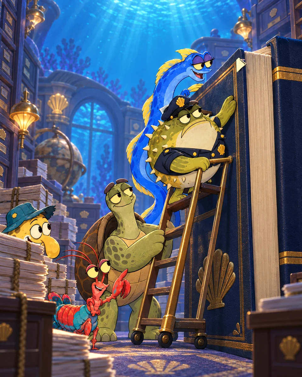 Sergeant Puff searches a towering rulebook while Kiki points from the paper stacks