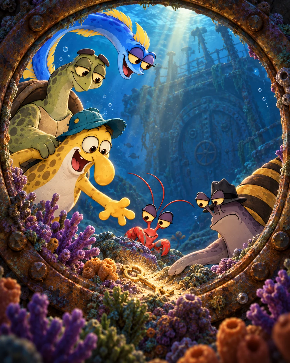 The crew and Assy reach towards a golden key through a rusty porthole