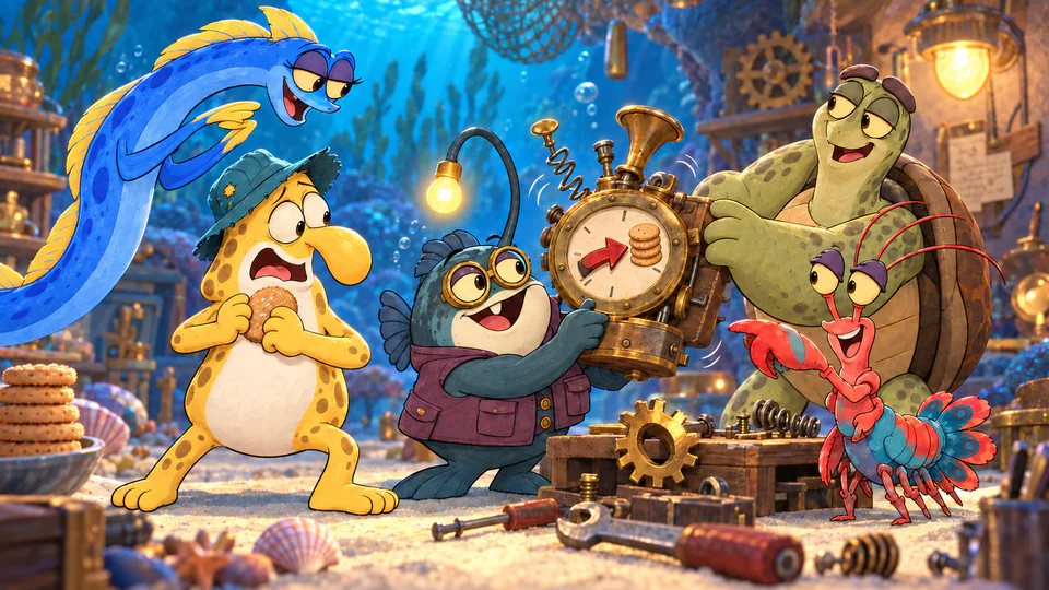 Doopi, Luma, Kiki and Moss repairing Nix’s snack-seeking compass