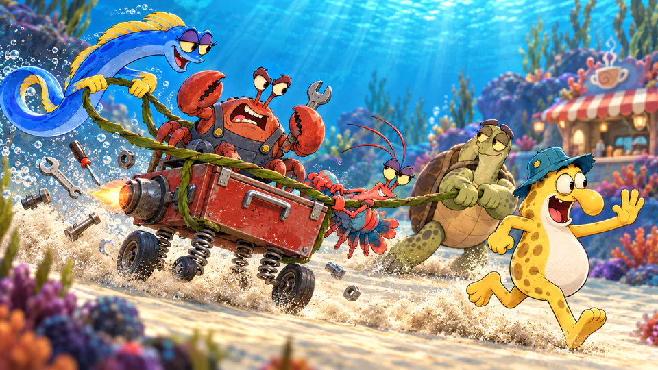 Doopi, Luma, Kiki and Moss chasing Clank’s runaway toolbox