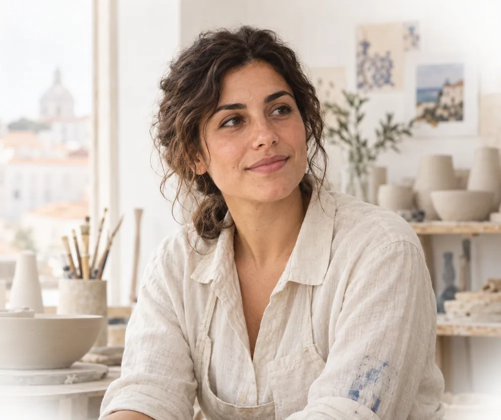 Illustrative portrait of a young Portuguese ceramic artist; not a photograph of Isabel de Sá